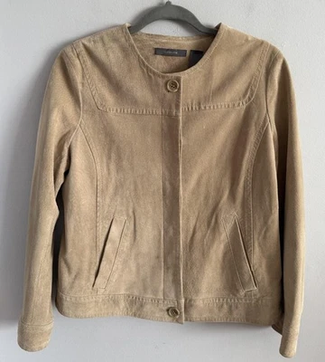 Chaqueta De Colección Liz Claiborne 100% Gamuza Beige Sin Cuello Botón Frontal Talla 8 Foto 1 de 4