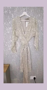 Asos design gold nude midi dress batwing sleeve wrap waist scatter sequin uk 6 - Picture 1 of 9