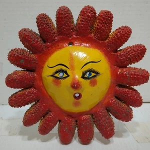 Vintage mexikanische Volkskunst Kokosnussschale Sonnenmaske Wandbehang Guerrero Mexiko Dez - Bild 1 von 12