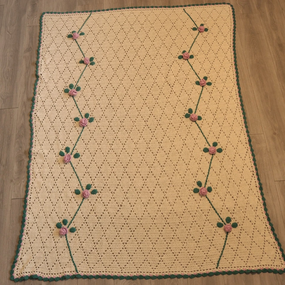 Manta vintage tejida a mano roseta flor regazo afgano 3D 38" x 60" Foto 1 de 4