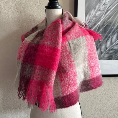 American Eagle PinkPlaid Mohair Wool Blend Blanket Scarf 79"x 22" - Image 1 of 4
