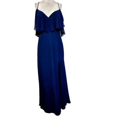 Navy Blue Off the Shoulder Spaghetti Strap Chiffon Maxi Dress Size 10 - Image 1 of 3