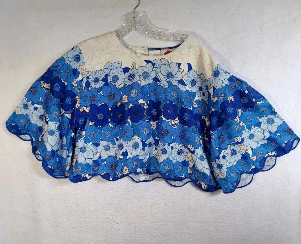 Farm Rio Women's Linen Crop Top Size XL Blue Flower Stripe Scalloped Hem - Image 1 of 4