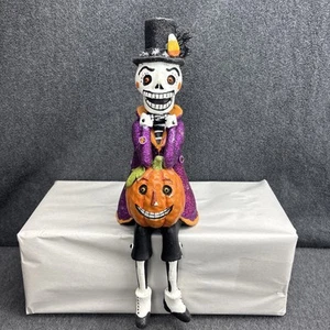 Halloween Skeleton W/ Jack O Lantern Shelf Sitter Day Of The Dead Decor Glitter - Picture 1 of 9