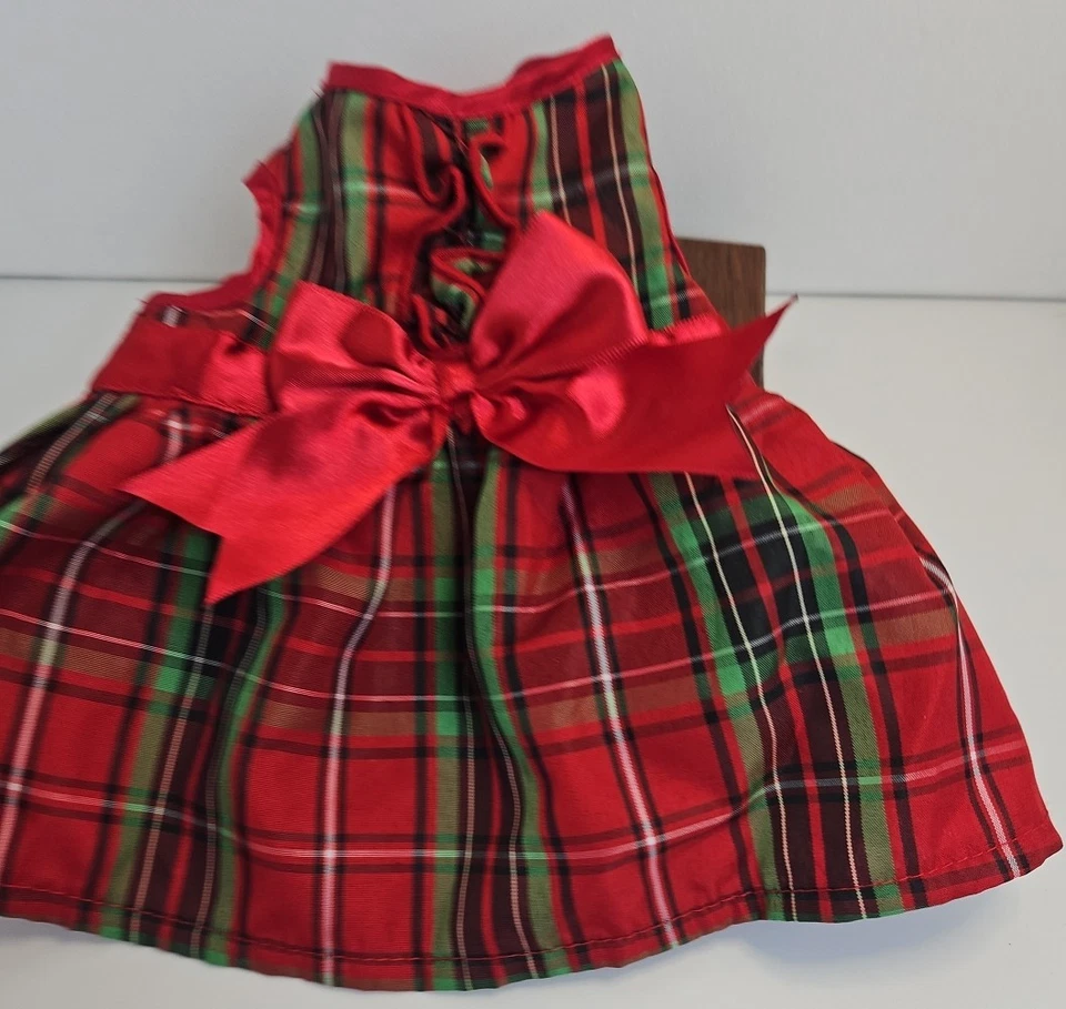 Small Dog Christmas Dress Medium 12” Chest Holiday Photo  Red Plaid Bow - Image 1 of 4