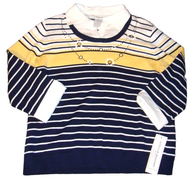 NUEVO Suéter Alfred Dunner PETITES $69 Talla PM, Azul Marino Blanco Amarillo Adornado Nuevo con Etiquetas Foto 1 de 3