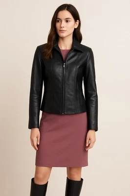 Женская кожаная куртка на молнии East5th East 5th черная размер PS байкерская зимняя - Изображение 1 из 4