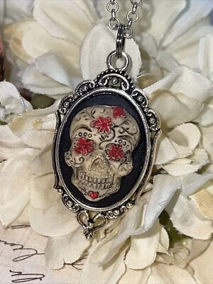 Slv Calavera de Azúcar Gótico Corazón Boda Fiesta Joyería Regalo de Cumpleaños Collar Camafeo Foto 1 de 4