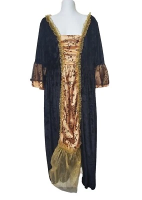Vestido Disfraz Renacimiento Mujer XL 18-20 Negro Terciopelo Dorado Inserción Tul Elástico Foto 1 de 4