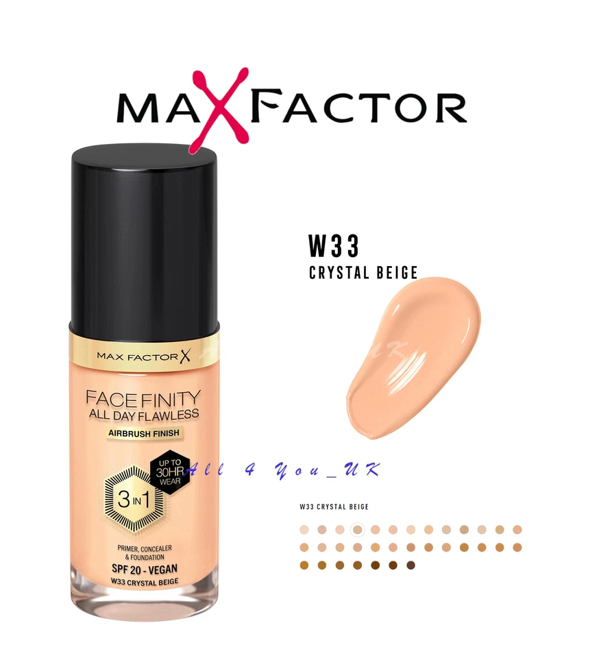 MAX FACTOR FACEFINITY ALL DAY FLAWLESS 3 IN 1 VEGAN FOUNDATION W33 CRYSTAL BEIGE - Image 1 of 1