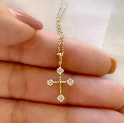 1CT Round Cut Lab-Created Diamond Cross Women's Pendant 14K Yellow Gold Plated - Image 1 of 3