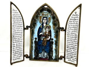 Raro trittico religioso vintage Piechaud bronzo smaltato Madonna e Bambino firmato - Foto 1 di 9
