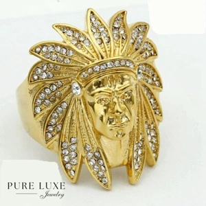 Men's Stainless-Steel.Native Indian Chief Stone Gold plated Ring #8-13*Box - Picture 1 of 3