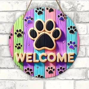 NUEVO Letrero de decoración de pared de madera decorativo con patas arco iris de bienvenida placa 8" redondo - Imagen 1 de 5