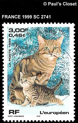 FRANCE 1999 SC 2741 3.00f EUROPEAN CAT & KITTEN USED NO GUM FINE/VERY FINE - Image 1 of 2
