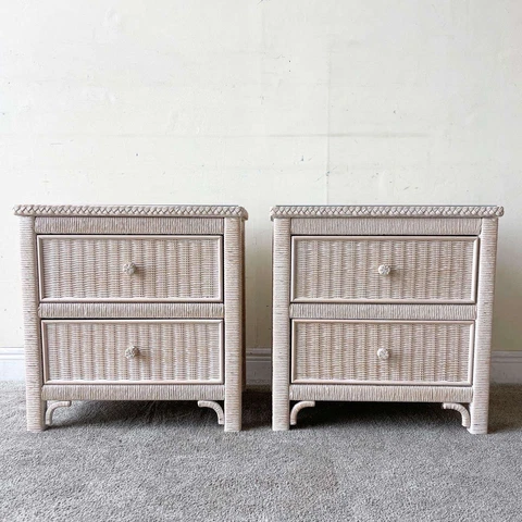 Bohemian Lexington Wicker & Rattan Glass Top Nightstands by Henry Link - a Pair Cover