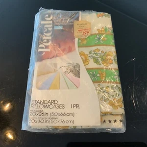 Vintage Percale Pair of Pillow Cases Yellow Green Floral Standard Sealed NOS - Picture 1 of 7