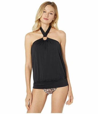 Michael Kors Iconic Solids Blouson Halter Tankini Swim Top color black size L - Image 1 of 2