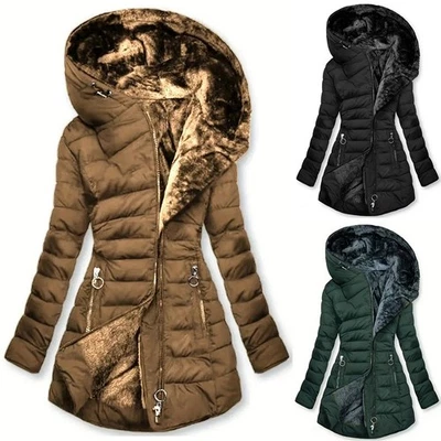 Winter Ladies Warm Jacket Thicken Zip Up Hooded Outwear Pockets Coats Fleece Fur - Image 1 of 4