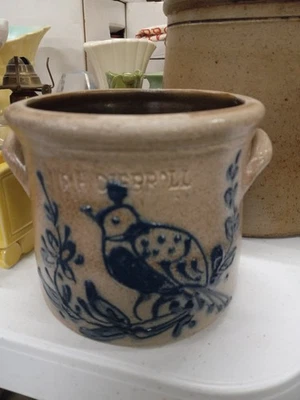 Stoneware Crock W/ Cobalt Blue Bird Quail Antique R & B DIEBBOLL 1800-1899 - Image 1 of 4