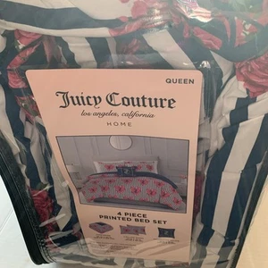 Juicy Couture Logo Rayas Azul Rosa Floral Corazones Juego de Ropa de Cama 4 Piezas Queen NUEVO - Imagen 1 de 5