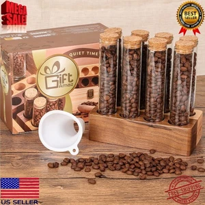 Kaffeebohnen Aufbewahrung Borosilikatglas Röhrchen mit Trichter & Holzständer. 8 Stück - Bild 1 von 7