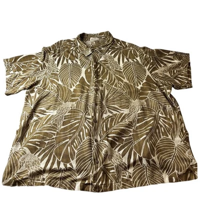 Camisa Caribeña 4X Botones Seda Tropical Hoja de Palma Estampado de Loro Verde Oliva Foto 1 de 4