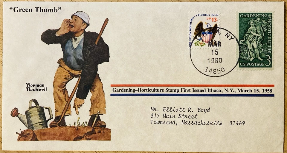 FDC~1980 NORMAN ROCKWELL~”PULGAR VERDE” SELLO JARDINERÍA-HORTICULTURA Foto 1 de 1