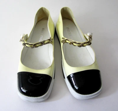 Miu Miu Yellow Patent Leather Pearl Mary Jane Shoes Black Toe Cap  EU 37 / US 7 - Image 1 of 4