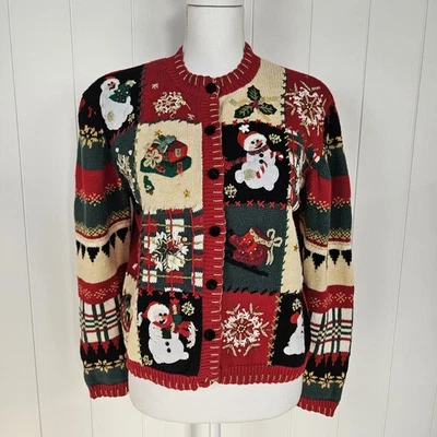 Heirloom Collectibles Christmas Sweater Cardigan Petite Medium Patchwork Red - Image 1 of 4