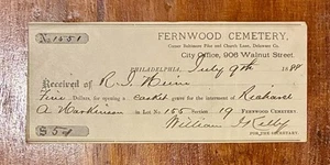 1888 Receipt Fernwood Cemetery Burial Plot, Pennsylvania - Picture 1 of 7
