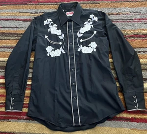 Camicia Tem Tex uomo 16,5 nera ricamata western perla snap floreale rodeo cowboy - Foto 1 di 12