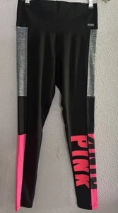 Victoria’s Secret PINK Bonded Leggings Sz Med Black Gray Neon Red Mesh - Picture 1 of 6
