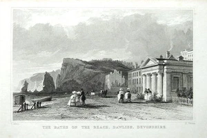 DEVON, BAÑOS PÚBLICOS Y PLAYA Y DAWLISH, impresión antigua Allom 1832 - Imagen 1 de 1