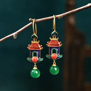 Pendientes colgantes de jade verde natural estilo palacio chapado en oro esmaltado chino - Imagen 1 de 3