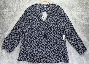Old Navy Top Women XXL 2XL Navy White Floral 3/4 Sleeve Peasant Tunic V Neck NWT - Picture 1 of 10