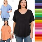 1X 2X 3X Women's V Neck Rolled Short Sleeve Rayon Top Loose Fit T Shirt Tunic