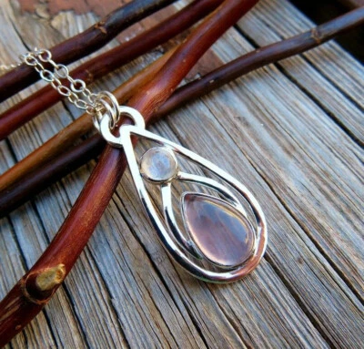 Quarzo Rosa, Pietra di Luna Gemma 925 Argento Sterling Artigianale Ciondolo S-39 - Immagine 1 di 4