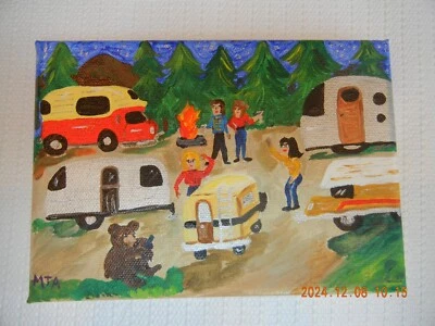 Acrílico original con perras de oso de camping con enganches. Acrílico 5 X7 pulgadas Foto 1 de 4