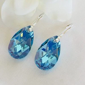 925 Silver Aquamarine Drop Earrings Pear Teardrop Made With Austrian Crystals - Picture 1 of 7