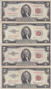 KAPPYSCOINS WC192 ESTATE LOT OF 4 RED SEAL $2.00 UNITED STATES NOTES CIRC - Picture 1 of 2