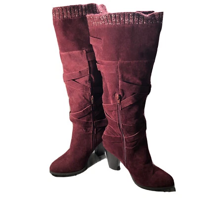 Zapato Dazzle Aleema Mujer Botas Tacón Alto Granate Hasta la Rodilla Pantorrilla Ancha Talla 7.5 Usado en Excelente Condición Foto 1 de 4