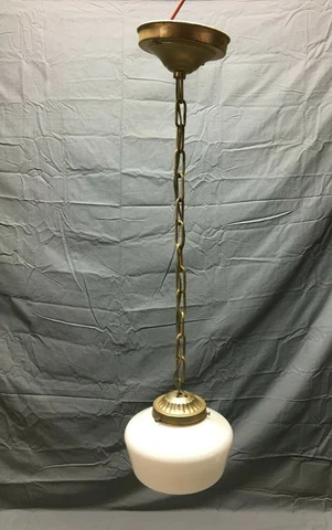 Antique 8" Schoolhouse Bank Ceiling Light Milk Glass Globe VTG Metal 267-22B Cover