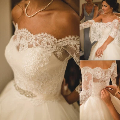 Blanco Marfil Vestido de Boda Topper Chaqueta para Novia Encaje Un Hombro Personalizado Foto 1 de 4