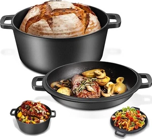 Cast Iron Dutch Oven, Pre Seasoned 2-in-1 Cookware Pot, Dutch Baking Pot With... - Picture 1 of 8