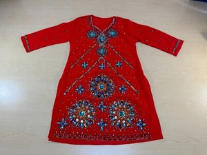 Indian Kurti Top Red with Multicolored Jewels Sz Small, Beautiful Handmade - Picture 1 of 20