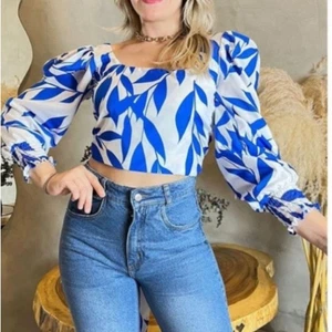 Nuevo Top corto azul manga abullonada lazo trasero talla única - Imagen 1 de 13