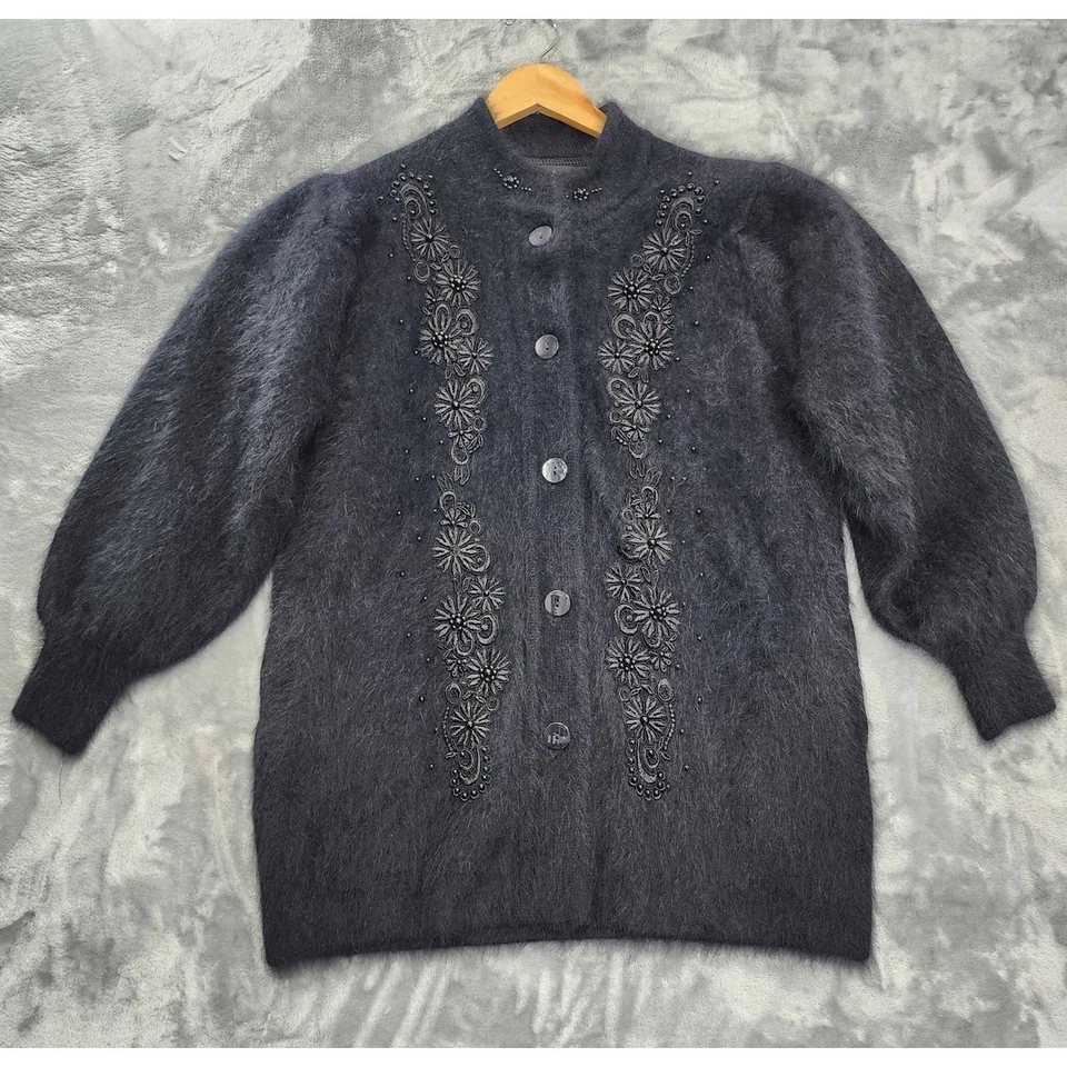 Suéter Lee Sands de Colección Años 80 Para Mujer OS Negro Conejo Angora Pelo Cárdigan Con Cuentas Foto 1 de 4