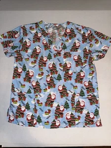 I Love Scrubs Uniform Scrub Top Shirt CHRISTMAS CHEER Christmas Tree Large Santa - Picture 1 of 9