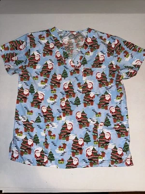 I Love Scrubs Uniform Scrub Top Shirt CHRISTMAS CHEER Christmas Tree Large Santa - Image 1 of 4